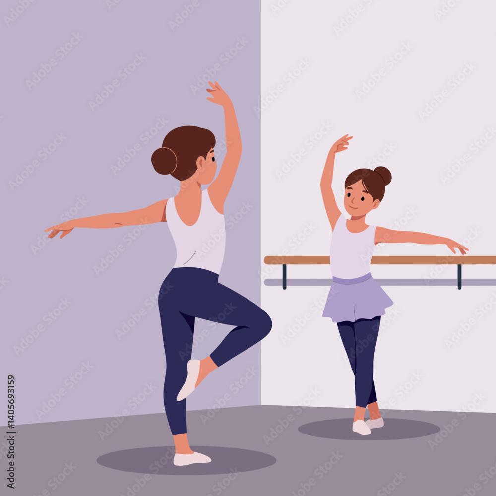Naklejka premium A graceful ballet dancer demonstrating a dance pose alongside a young girl in a flat, colorful studio setting, captured in vector art