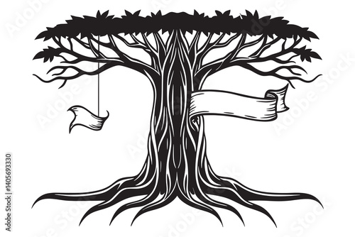 A Elegant hand drawn tree silhouette vector illustration, bayan tree with ribbon drawing, ribbon shape around tree, vector art illustration.