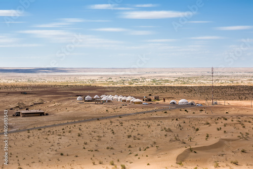 Yurt camp in the desert in Uzbekistan photo