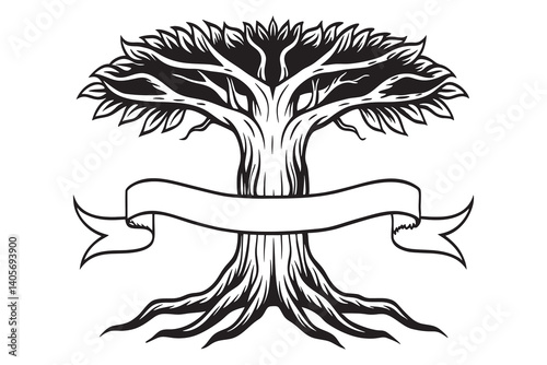 A Elegant hand drawn tree silhouette vector illustration, bayan tree with ribbon drawing, ribbon shape around tree, vector art illustration.