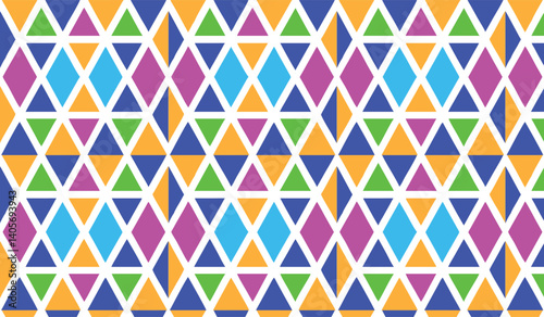 Colorful geometric pattern, vibrant triangles, kaleidoscopic design, seamless repeating pattern, abstract mosaic, multicolored tessellation, playful shapes, rainbow hues, symmetrical arrangement