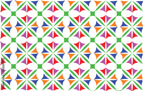 Geometric pattern, vibrant colors, kaleidoscopic design, triangles, circles, squares, symmetrical layout, retro style, colorful mosaic, abstract shapes, repeating motif, cheerful palette