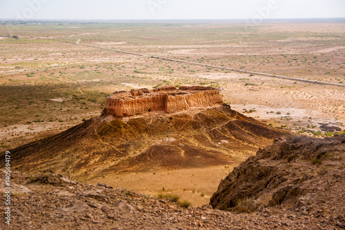 On the dune the Ayaz Kala sand castle in the Uzbek desert