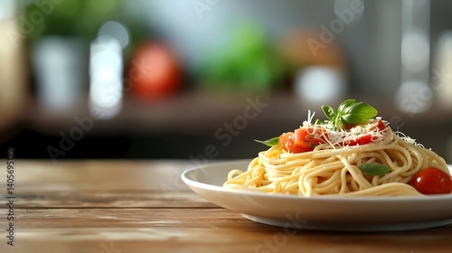 A stock photo image, table top with pasta dish, Generative AI illustrations.