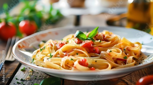 A stock photo image, table top with pasta dish, Generative AI illustrations.