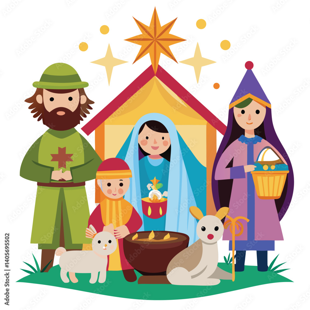 Naklejka premium Christmas nativity scene clipart on white background 