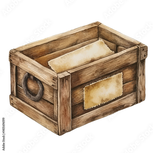 illustration of Vintage Wooden Crate With Old Labels, watercolor vector, isolated on a white background.