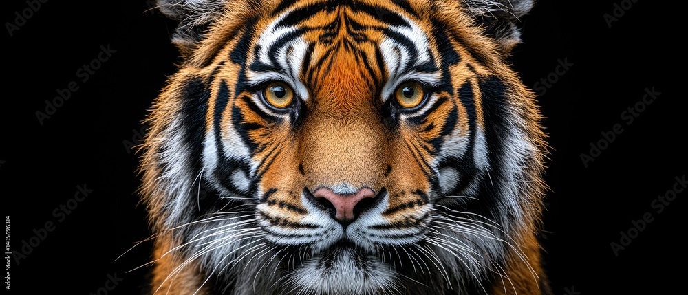 Obraz premium Captivating portrait of a striking tiger against a black backdrop. Focus on its powerful features