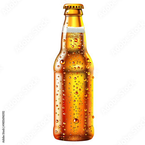 Cold beer bottle with condensation droplets, isolated on a white background photo