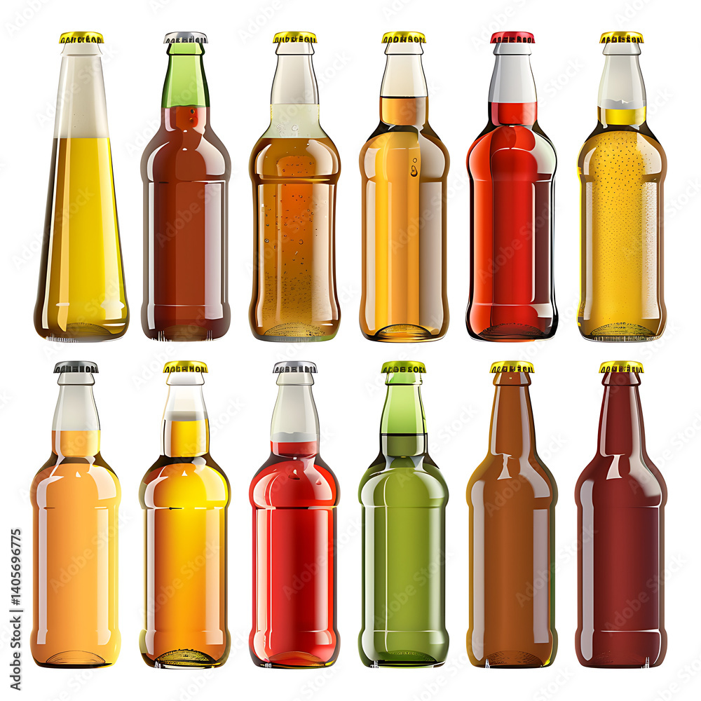 Set of different beer bottles in various colors, isolated on a white background Set of different beer bottles in various colors, isolated on a white background