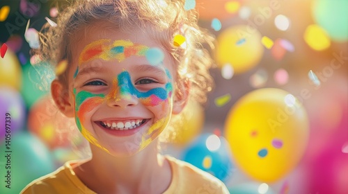 A joyful child with colorful face paint and rainbow balloons, celebrating the happiness of International Children's Day