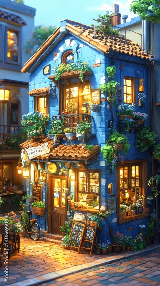 Charming blue store facade. Warm light glows from the windows. Plants and flowers adorn Charming blue store facade. Warm light glows from the windows. Plants and flowers adorn