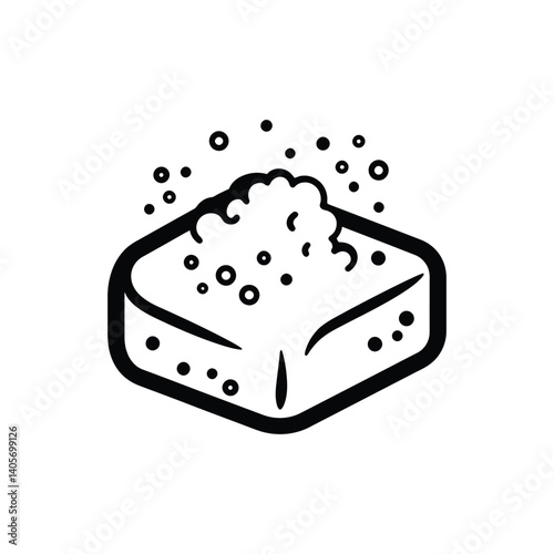 Black Sponge with Soap Bubbles Icon on Transparent Background, Line Art