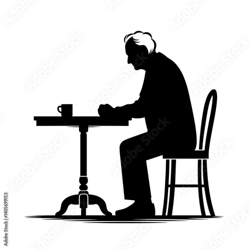 Elderly man sitting at table with cup silhouette