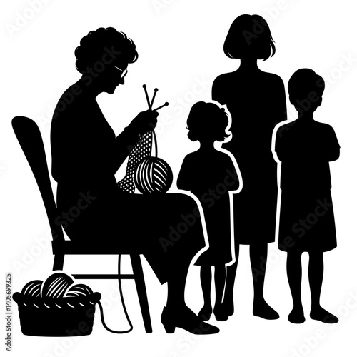Elderly woman knitting in front of family silhouette