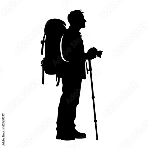 Elderly man hiking with backpack silhouette illustration