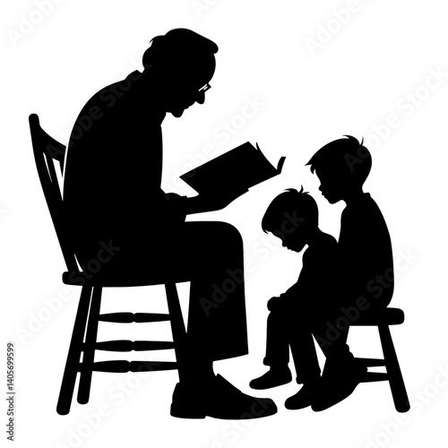 Elderly man reading book to children silhouette