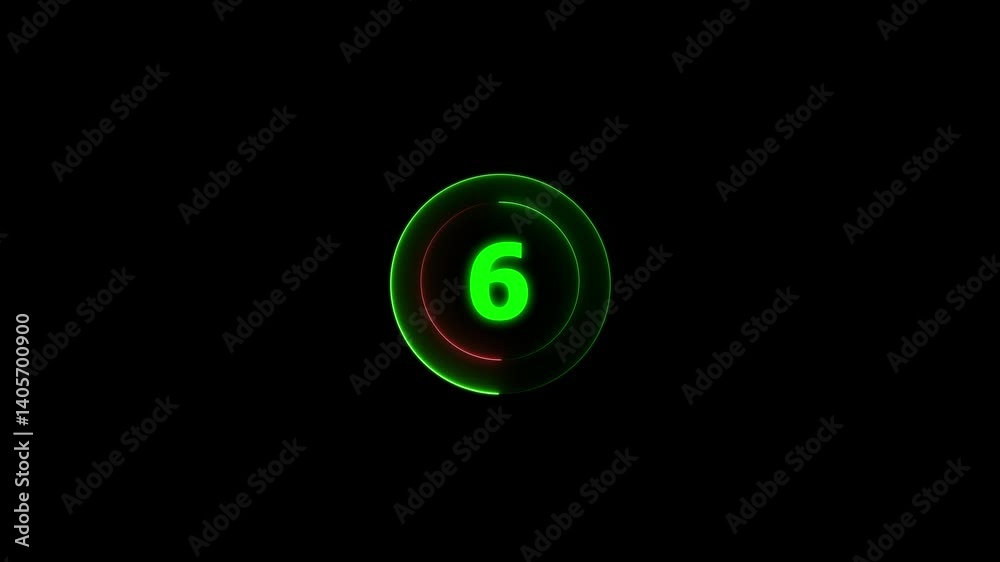 Neon number 6 animation, neon numbers. Dark background. A circle with a red neon icon on a black background and the text 6 in the middle of it.