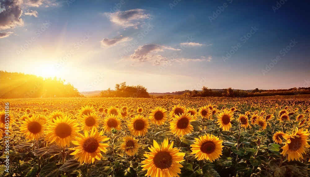 Obraz premium Field sunflower with flare light on the sun