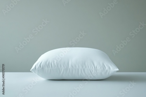 A simple yet stylish white pillow placed on a smooth surface against a soft gray background, creating a tranquil atmosphere