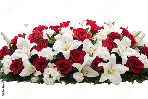 A vibrant floral arrangement of red roses and white lilies on a green background creates a stunning contrast and elegant feel