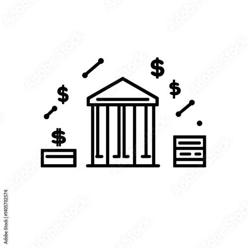 Bank building icon with dollar signs in minimalist black style