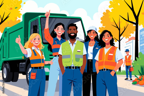 diverse team of sanitation workers smiling and giving a thumbs-up gesture wearing clean uniforms and standing in front of a well-maintained garbage truck