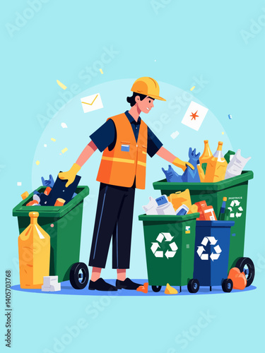 showcasing a sanitation worker carefully sorting different types of waste into labeled recycling bins