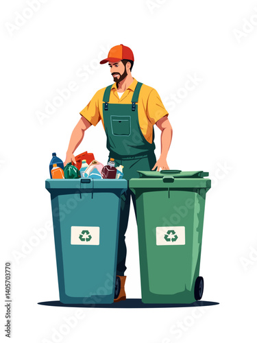 showcasing a sanitation worker carefully sorting different types of waste into labeled recycling bins