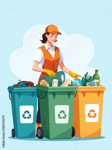 showcasing a sanitation worker carefully sorting different types of waste into labeled recycling bins