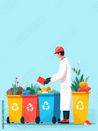 showcasing a sanitation worker carefully sorting different types of waste into labeled recycling bins