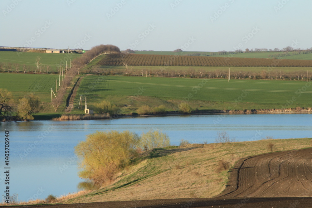 A river with a dam and trees