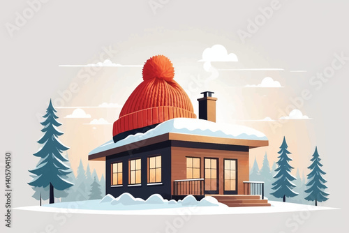 Proper insulation during the cold winter heating season. Cozy house with knitted cap placed on the roof. Energy efficiency and warmth. Save electricity with effective home insulation. vector illustrat