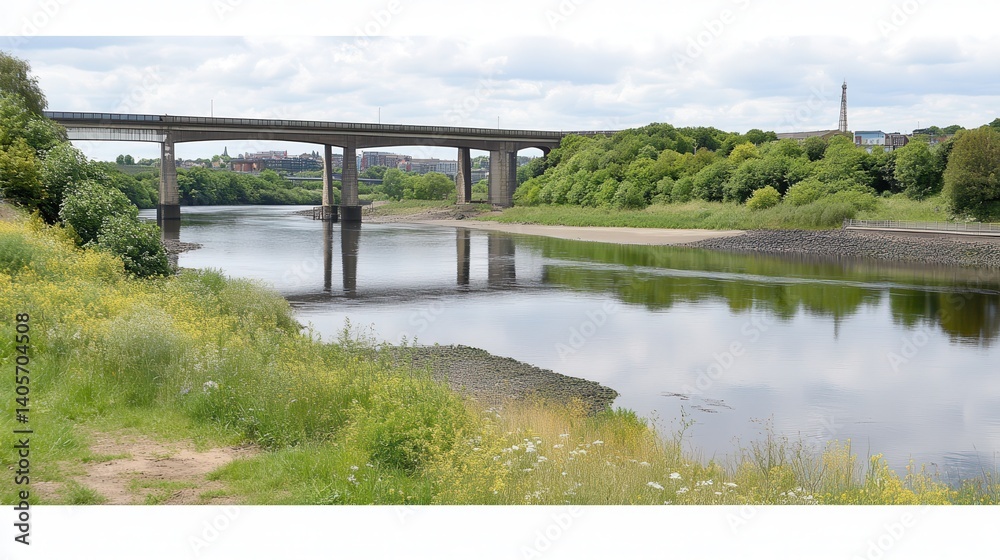 River bridge landscape, summer day, city skyline River bridge landscape, summer day, city skyline