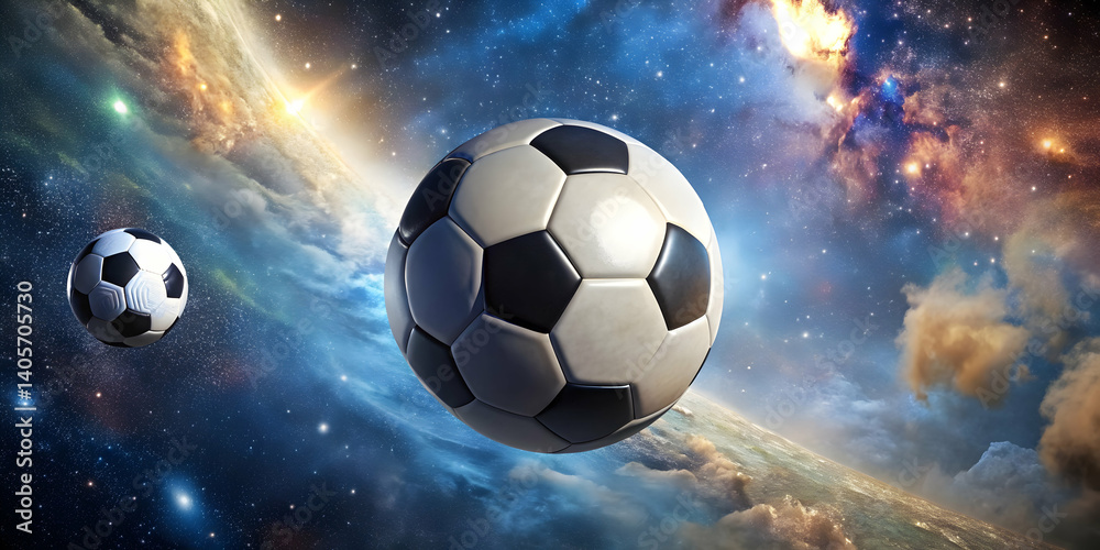 Fototapeta premium Football floating in zero gravity against space backdrop