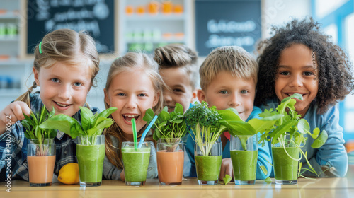 Multiracial Children Enjoying Healthy Green Smoothies in Classroom Setting - Focus on Nutrition and Wellness for Kids.