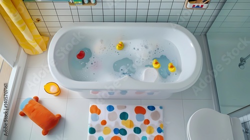 A top-down of a kids' bathroom setup viewed from  perspective, Generative AI illustrations.
