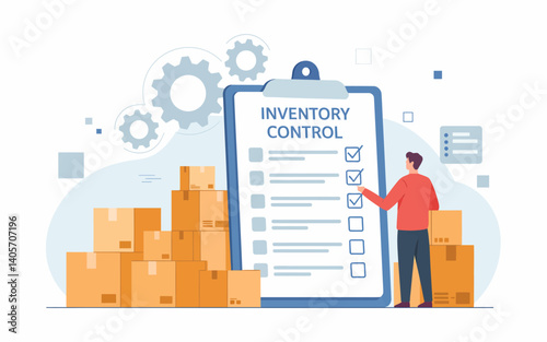 Inventory Management Warehouse Logistics Checklist with Cardboard Boxes Gears Digital Devices and Standing Figure in Flat Illustration Style with Blue and Orange Color Scheme