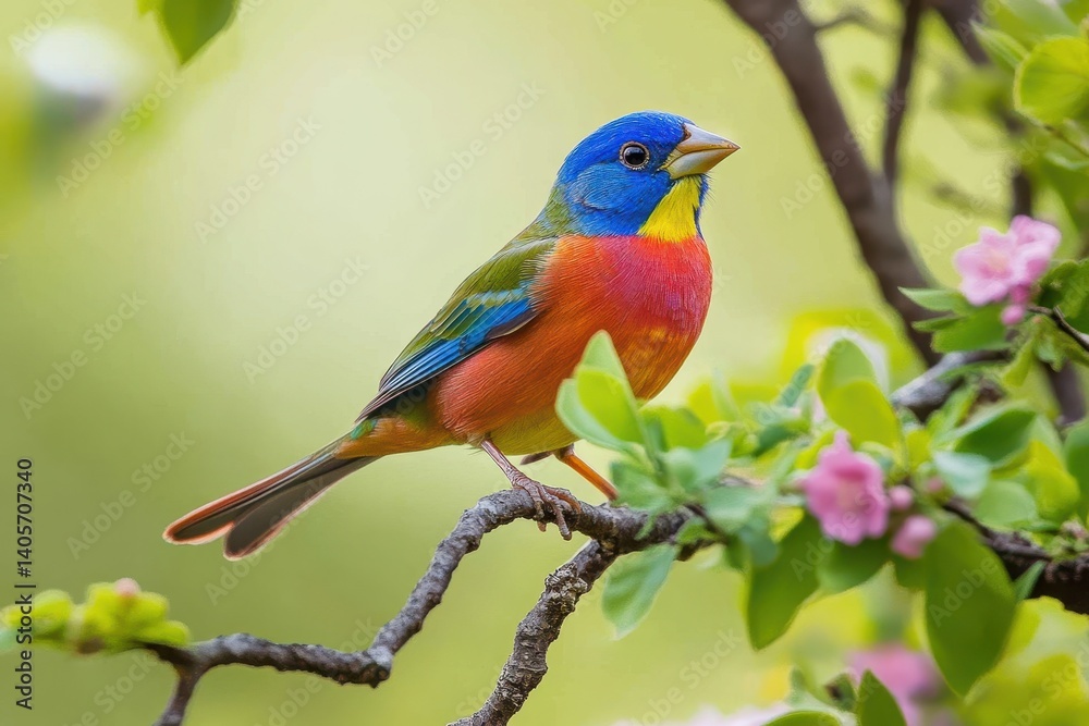 Obraz premium Vibrant Male Painted Bunting Perched in Springtime Habitat: A Colorful Texas Songbird foraging in the Wild