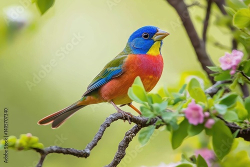 Vibrant Male Painted Bunting Perched in Springtime Habitat: A Colorful Texas Songbird foraging in the Wild