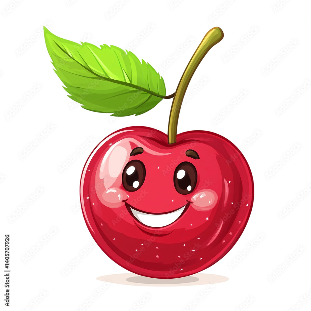 Obraz premium Happy smiling cherry cartoon fruit character joyful red green leaf