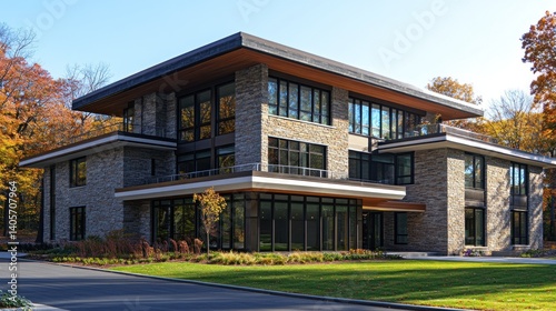 Five story apartment building located in Syracuse, New York showcases a modern design surrounded by vibrant autumn foliage on a sunny day
