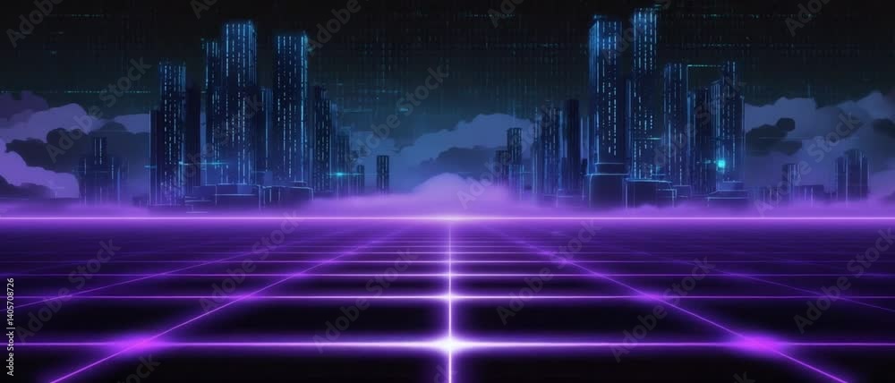 A glowing purple grid extends toward a futuristic digital cityscape under a night sky. Concept of retro-futurism, digital landscape, and cyber city evolution.