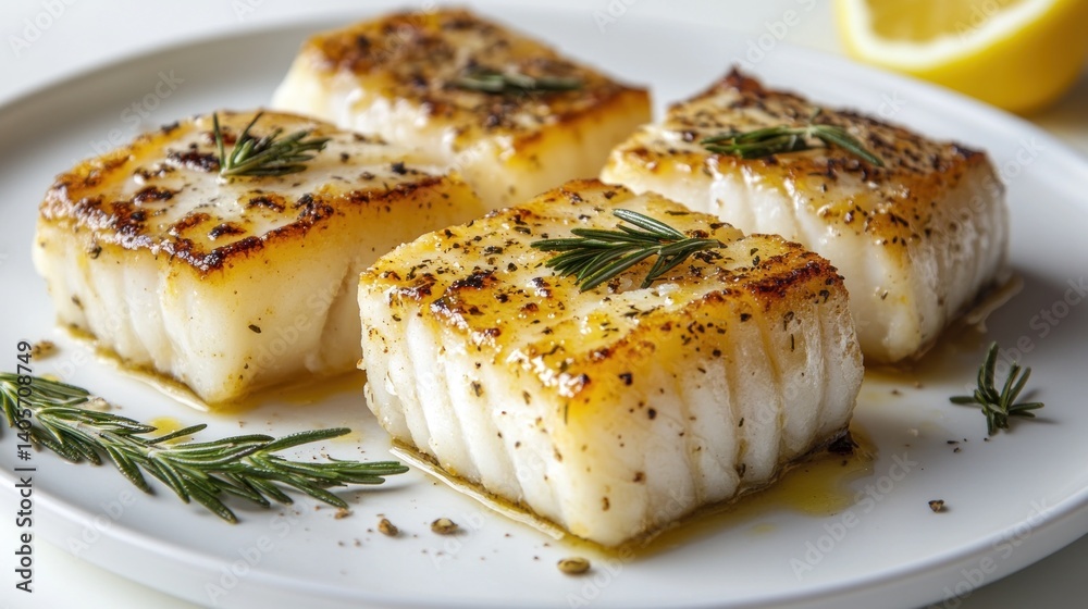 Three small pieces of perfectly cooked codfish are pan-fried to a golden brown, garnished with fresh herbs and lemon Three small pieces of perfectly cooked codfish are pan-fried to a golden brown, garnished with fresh herbs and lemon
