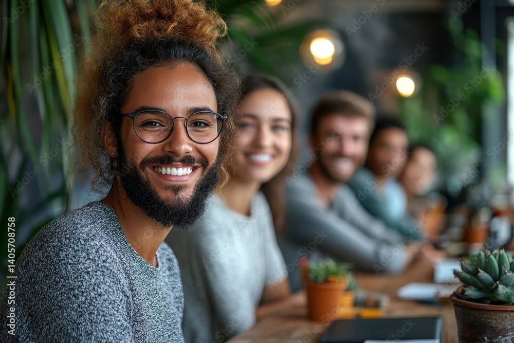 Fototapeta premium Smiling young man in glasses enjoying time with friends at a cozy cafe during the day