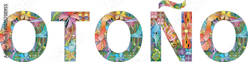 The word AUTUMN in Spanish. Colorful day of the week card.