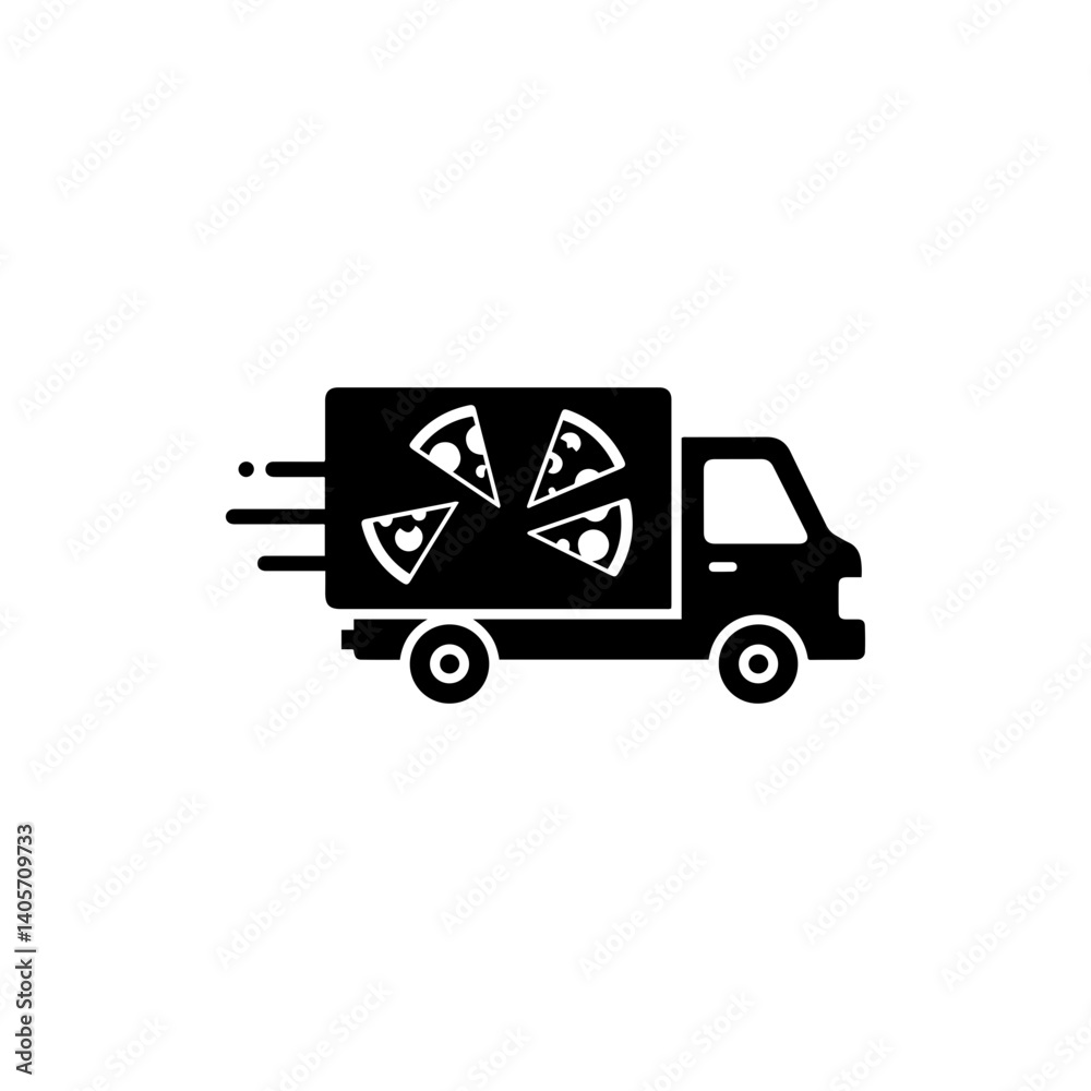Delivery truck with pizza slices symbolizing pizza delivery service Delivery truck with pizza slices symbolizing pizza delivery service