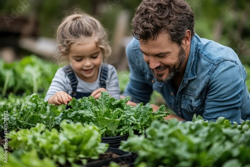 Wallpaper Mural Father and daughter enjoy gardening together while tending to fresh lettuce in a lush garden setting Torontodigital.ca