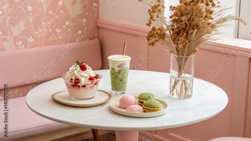 Wallpaper Mural Sweet Moments on the Table: An overhead view shows a sweet dessert, drinks and cookies, arranged on a table, evoking a sense of culinary delight and cozy ambiance. Torontodigital.ca