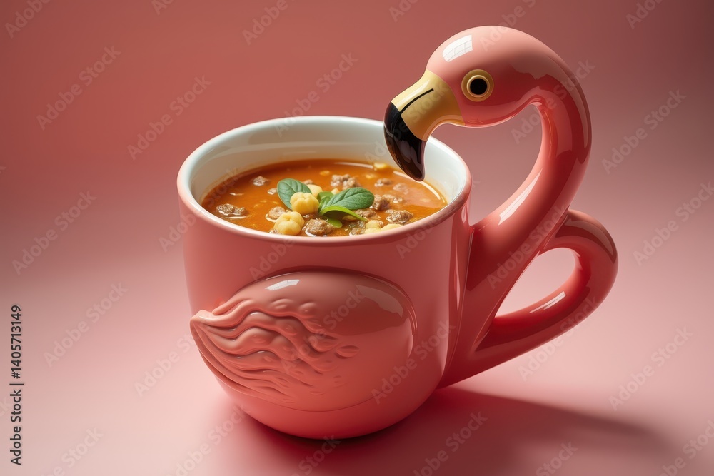 Flamingo mug with tomato soup pasta on pink background